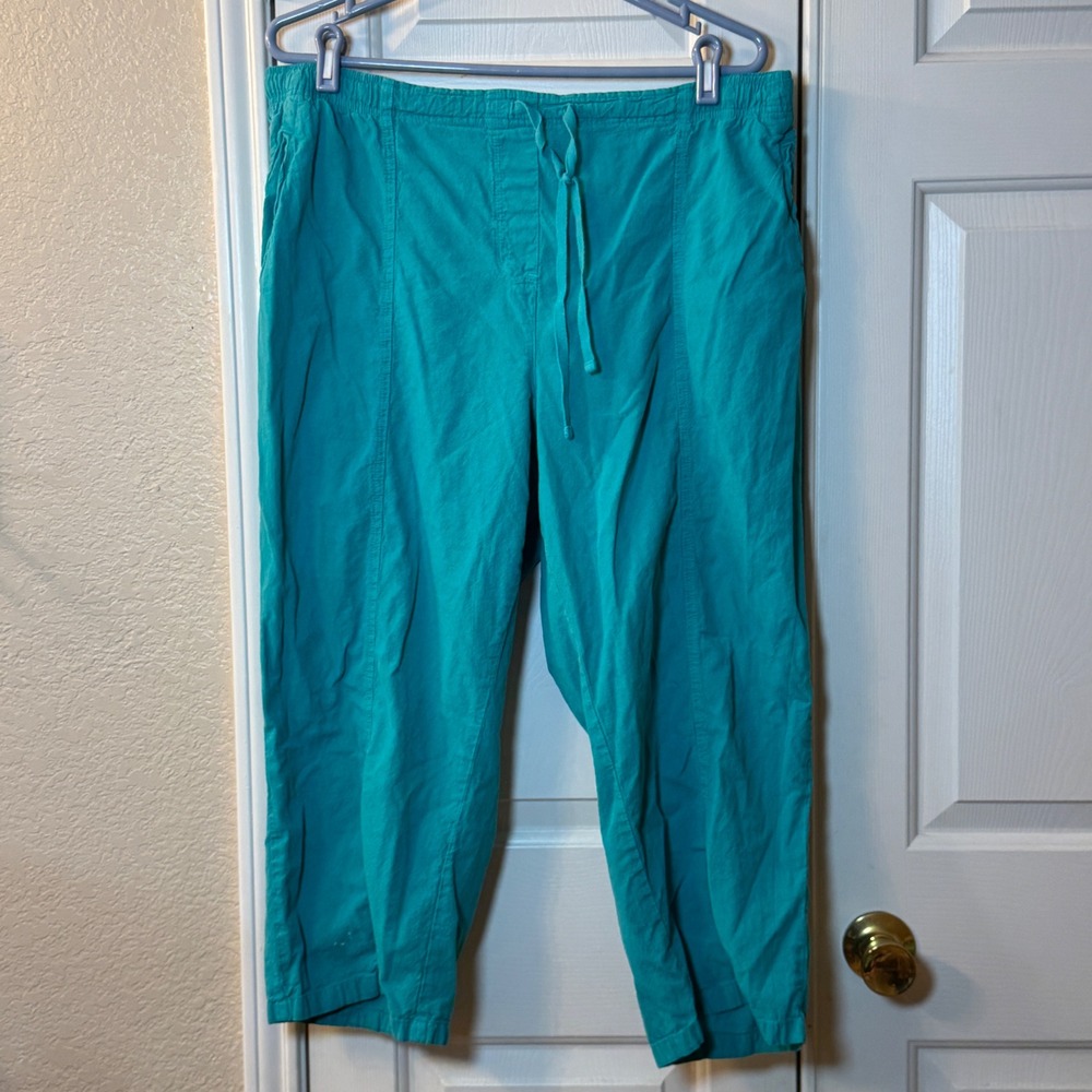 Laura Scott Turquoise Elastic Tie Waist Cropped Capri Pants, Women's Size XL